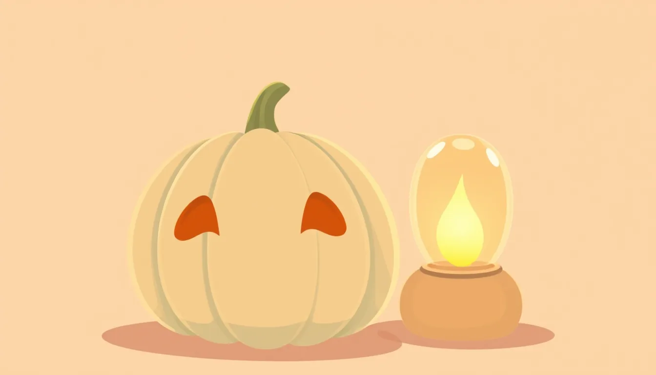 A carved pumpkin with a blown-out candle next to a warmly glowing table lamp