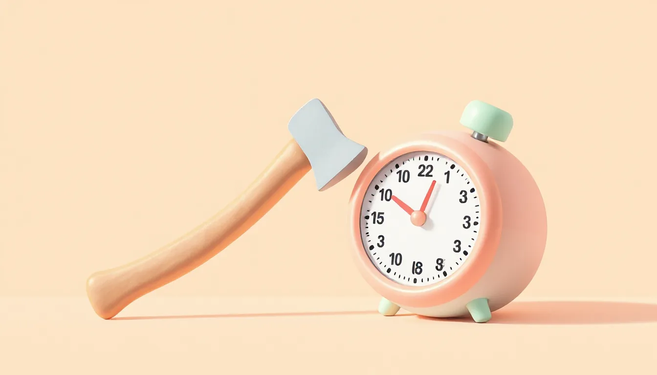 A small pastel toy axe next to a round kitchen timer on a warm background