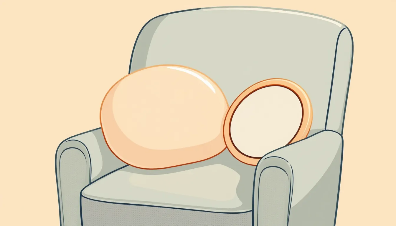 A soft cushion sits on an armchair, next to it stands a small round shield in pastel colors